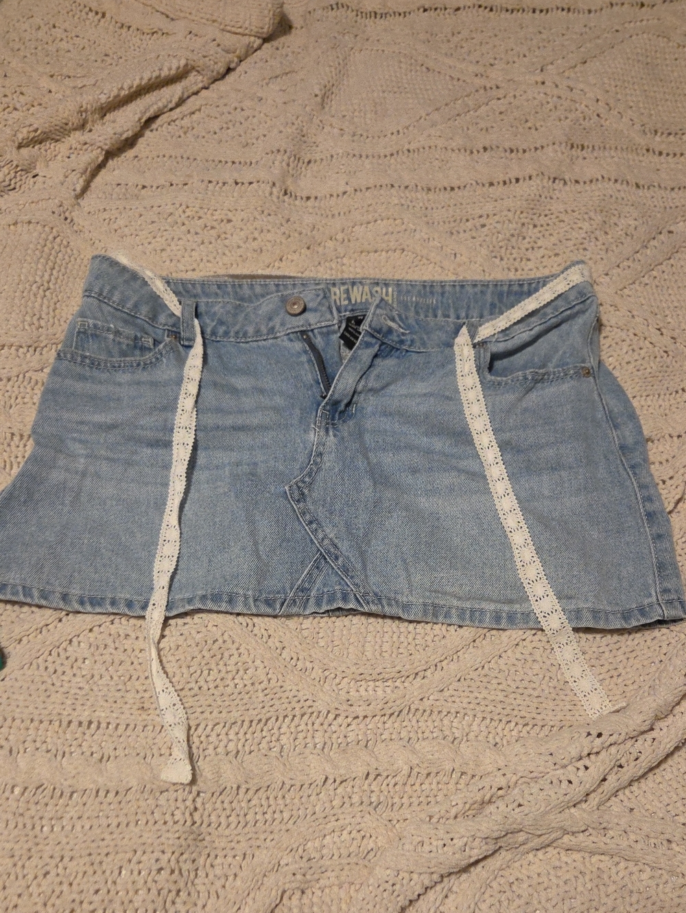 Rewash Light Blue Denim Mini Skirt with White Lace Ties